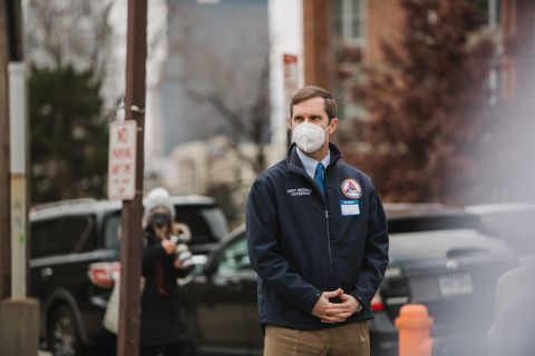Andy Beshear, governor of Kentucky, arrives at the University Of Louisville Hospital in Louisville, Kentucky, on December 14, 2020.