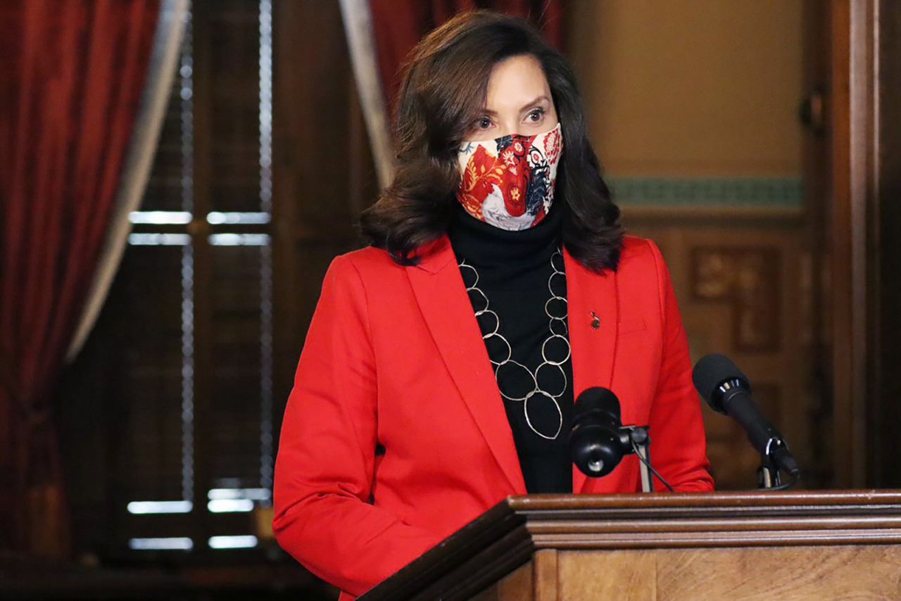 Gov. Gretchen Whitmer addresses the state during a speech in Lansing, Michigan on Tuesday, Dec. 15.