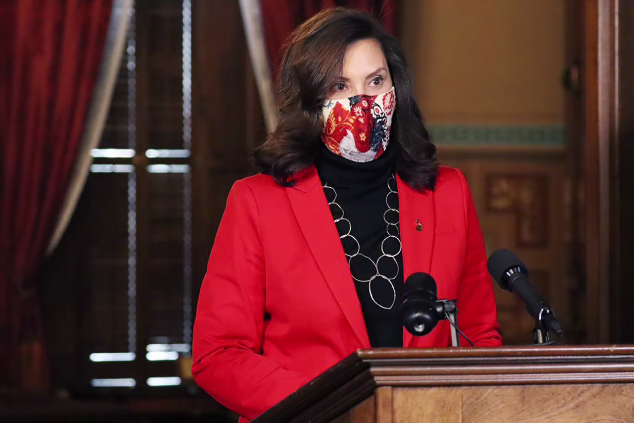 Gov. Gretchen Whitmer addresses the state during a speech in Lansing, Michigan on Tuesday, Dec. 15.