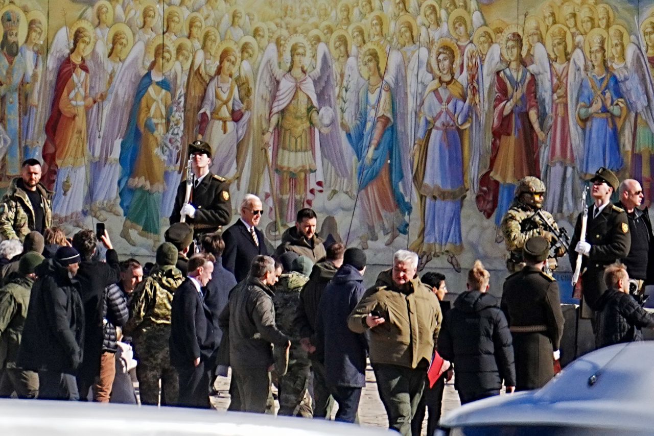 U.S. President Joe Biden visits St. Sophia Cathedral with Ukrainian President Volodymyr Zelensky in Kyiv, Ukraine, on February 20.