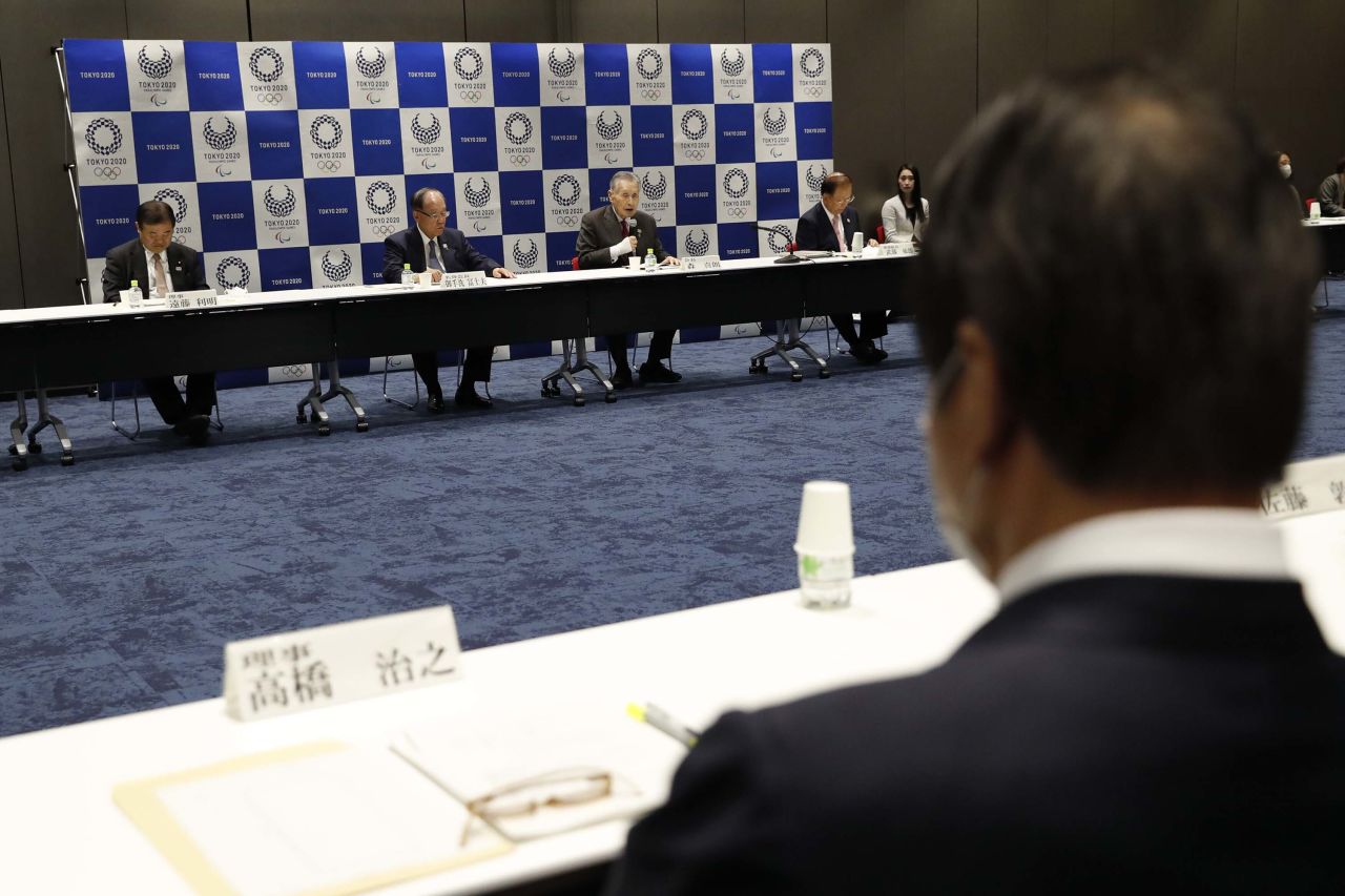 Tokyo 2020 organization committee president Yoshiro Mori, center, speaks during the Executive Board Meeting in Tokyo, Japan, on March 30.