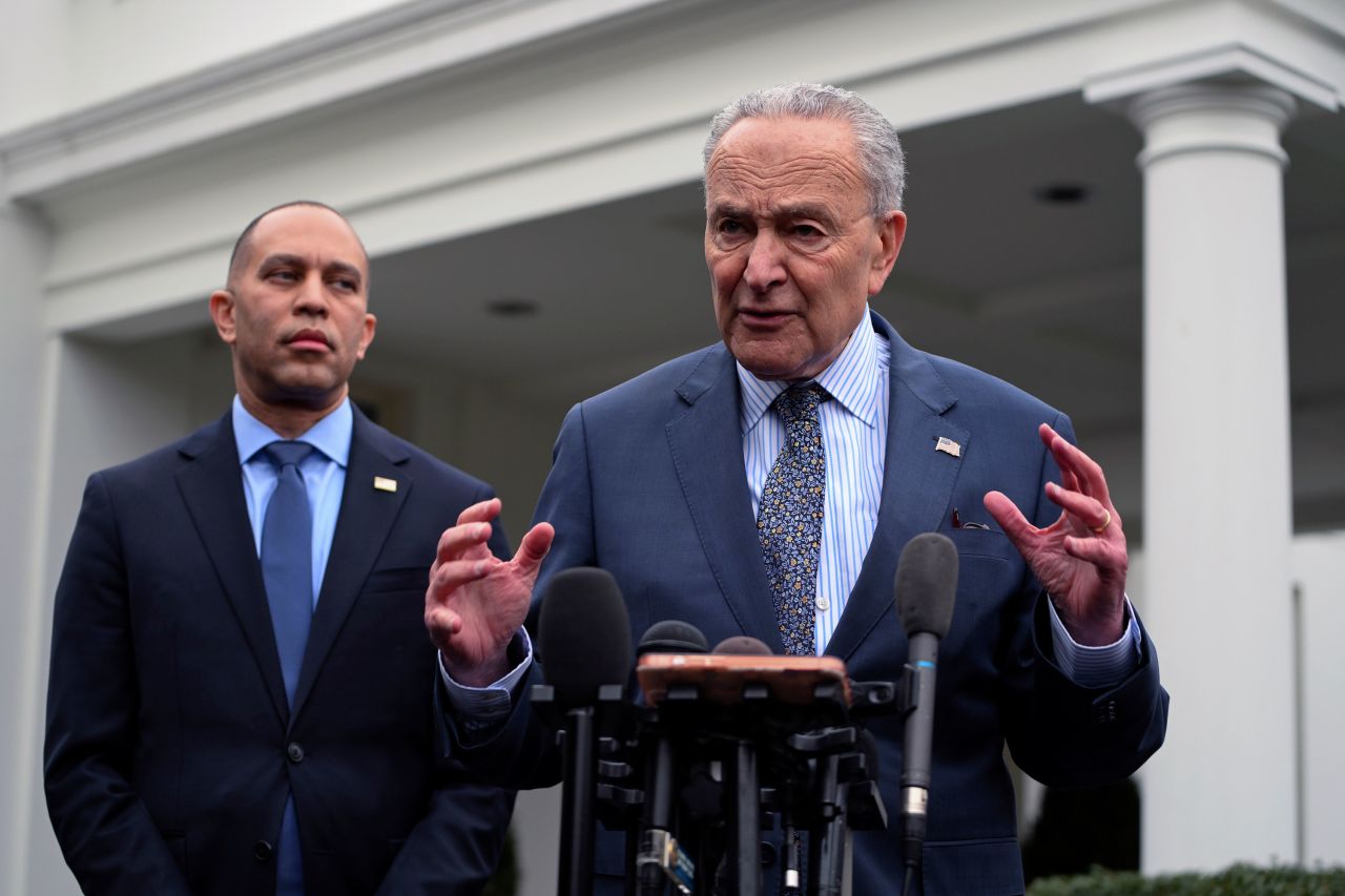 House Minority Leader Hakeem Jeffries and Senate Majority Leader Chuck Schumer speak to the press outside the White House in February.