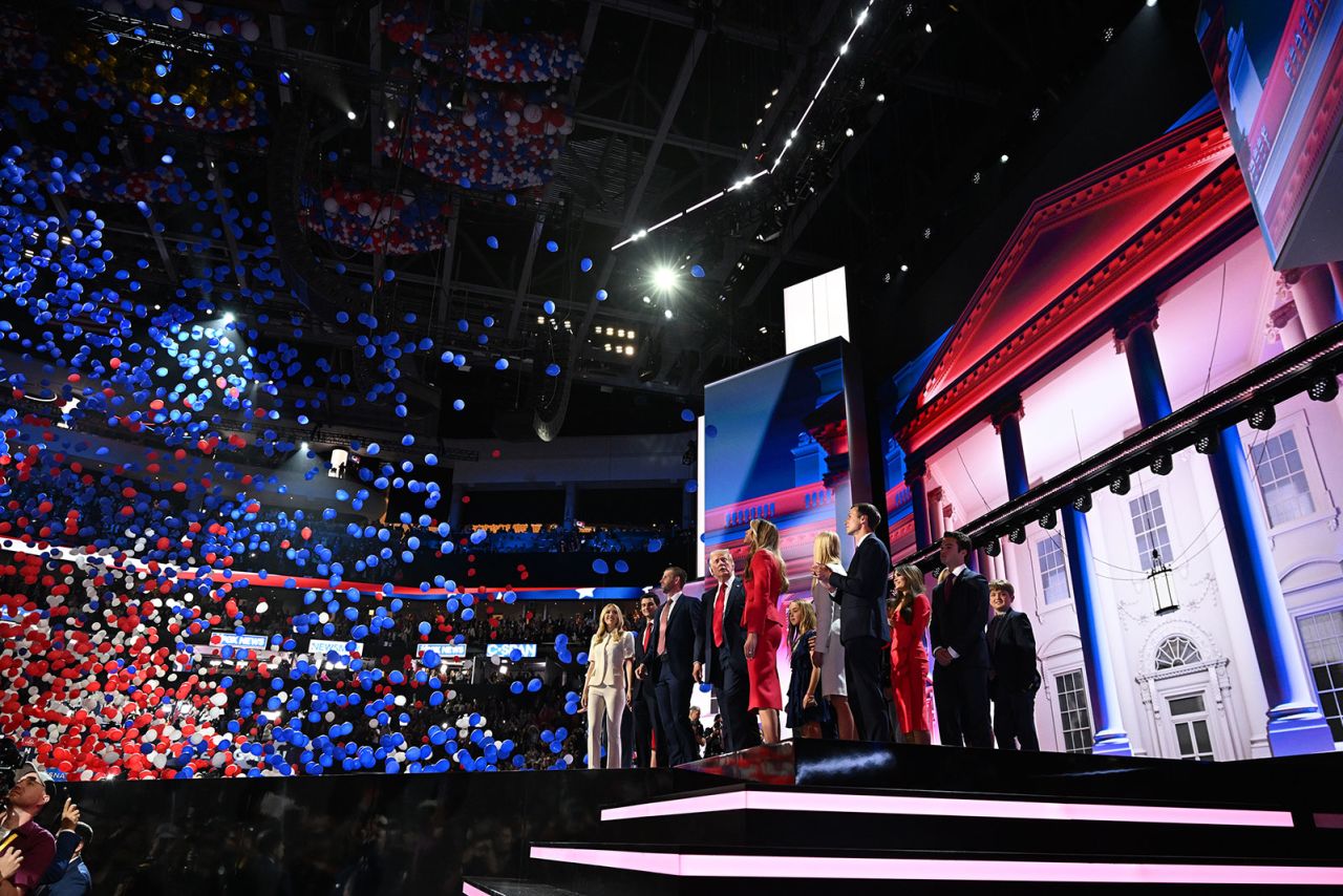 Balloons fall after Former President Donald Trump accepted his party's nomination on the last day of the Republican National Convention in Milwaukee on Thursday, July 18.