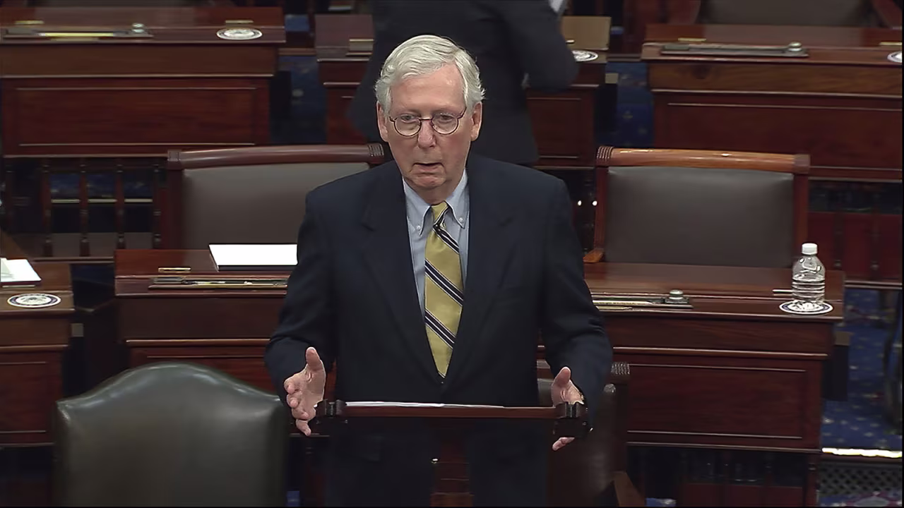 In this image from video, Senate Minority Leader Mitch McConnell of Ky., speaks after the Senate acquitted former President Donald Trump in his second impeachment trial in the Senate at the U.S. Capitol in Washington on Saturday, February 13. 