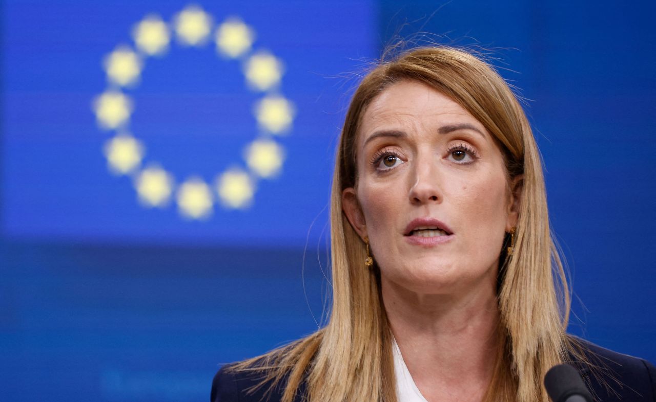European Parliament President Roberta Metsola speaks at a press conference in Brussels on October 26.
