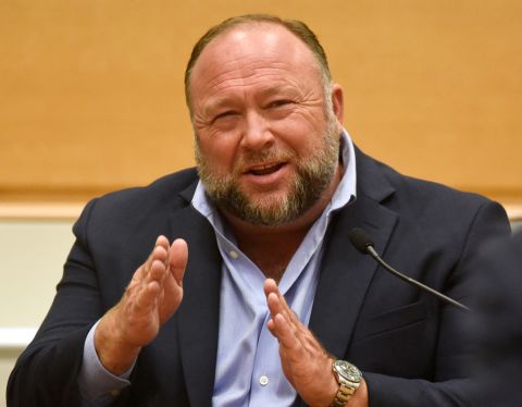 Alex Jones speaks from the witness stand at Connecticut Superior Court in Waterbury, Connecticut, on September 22.