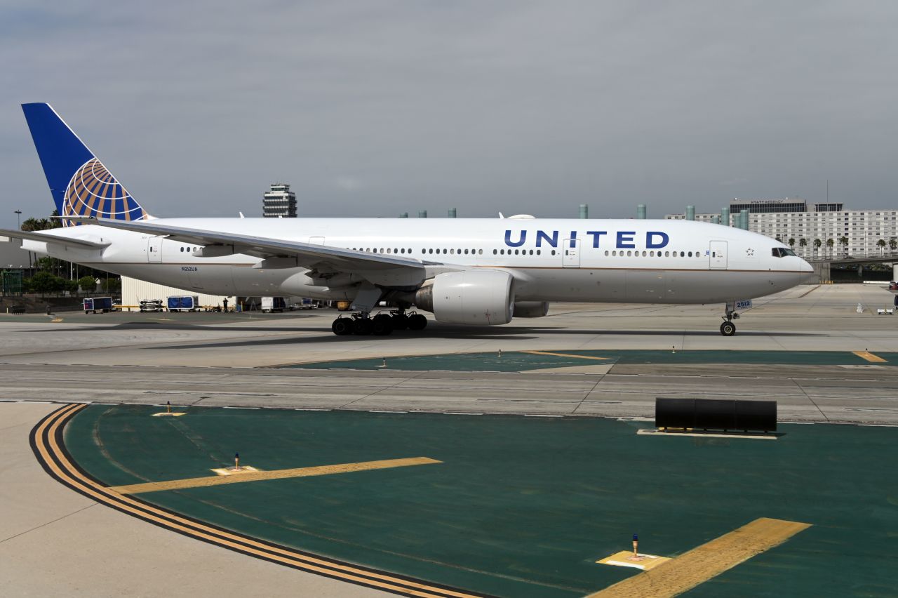 A United Airlines plane taxis at Los Angeles International Airport.