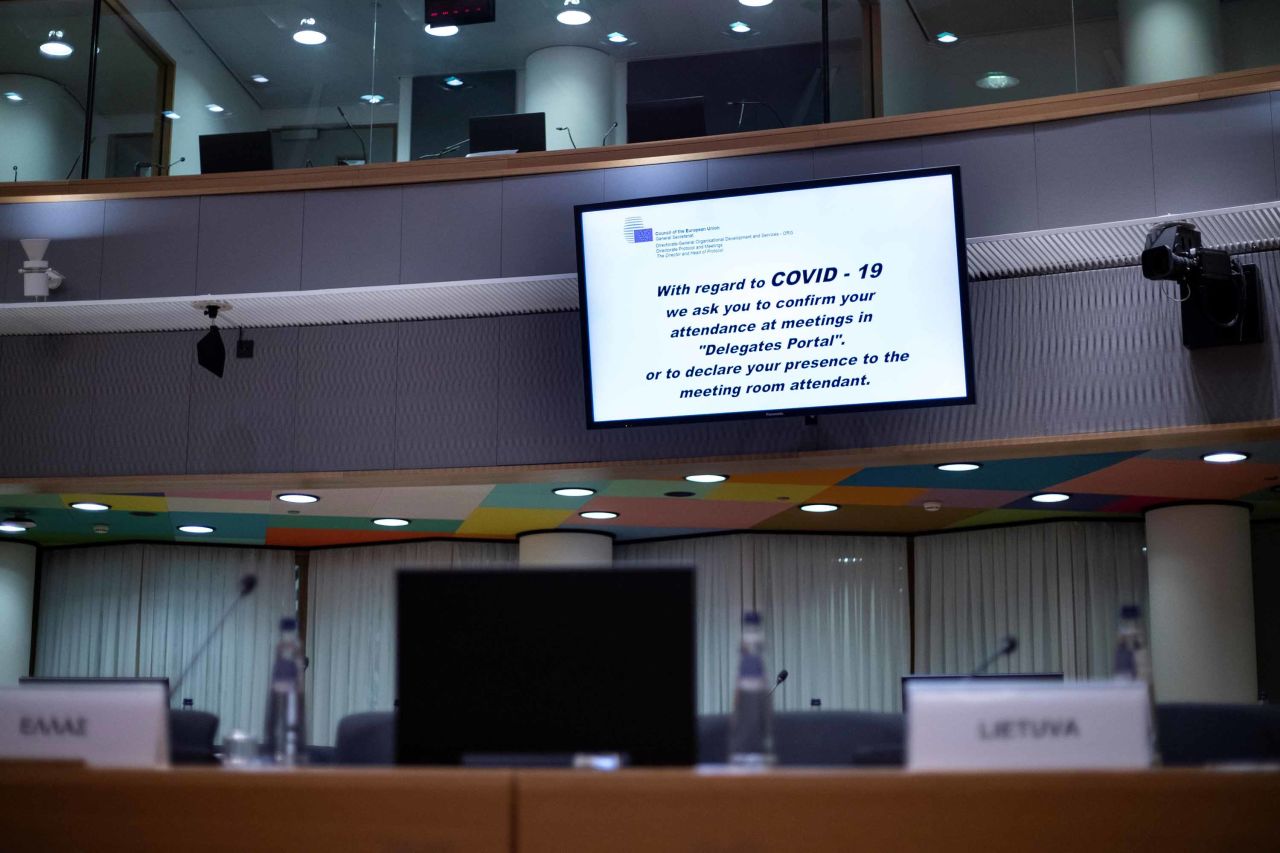 A screen at the European Council in Brussels, Belgium shows an alert message about the coronavirus outbreak, on March 4.