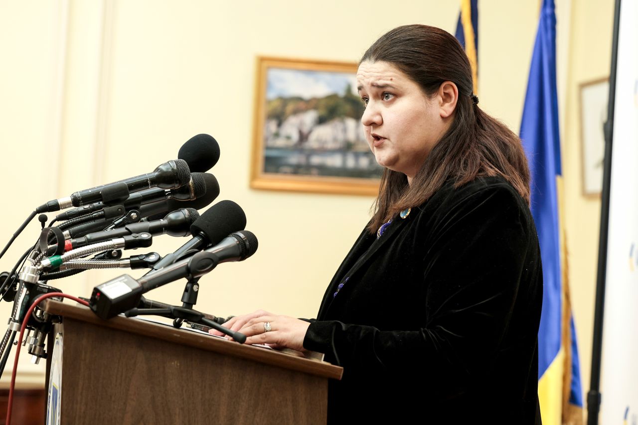 Ukrainian Ambassador to the US Oksana Markarova speaks at a press conference on February 25, in Washington, DC. 
