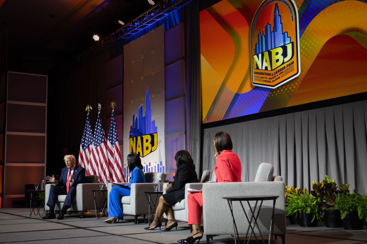 Donald Trump participates in a question and answer session at the National Association of Black Journalists (NABJ) convention at the Hilton Hotel in Chicago, Illinois on July 31.