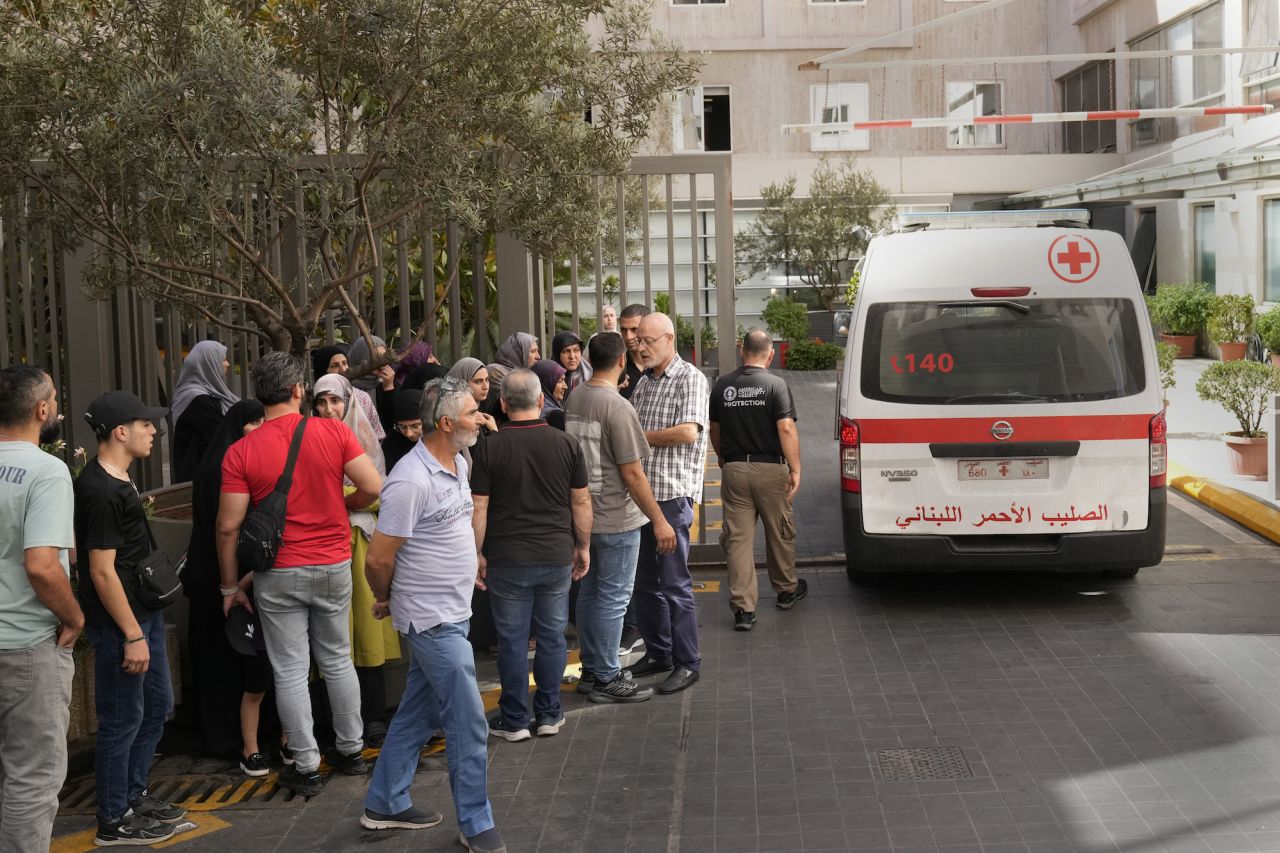 A Lebanese Red Cross ambulance is seen at the emergency entrance of the American University hospital in Beirut on Wednesday.