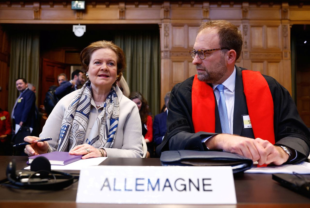 Members of the German delegation sit in the courtroom as Nicaragua is set to ask the International Court of Justice in The Hague, Netherlands, on April 8.