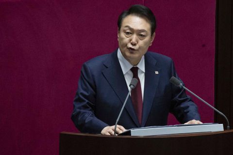 South Korean President Yoon Suk Yeol delivers a speech at the National Assembly in Seoul on October 25.