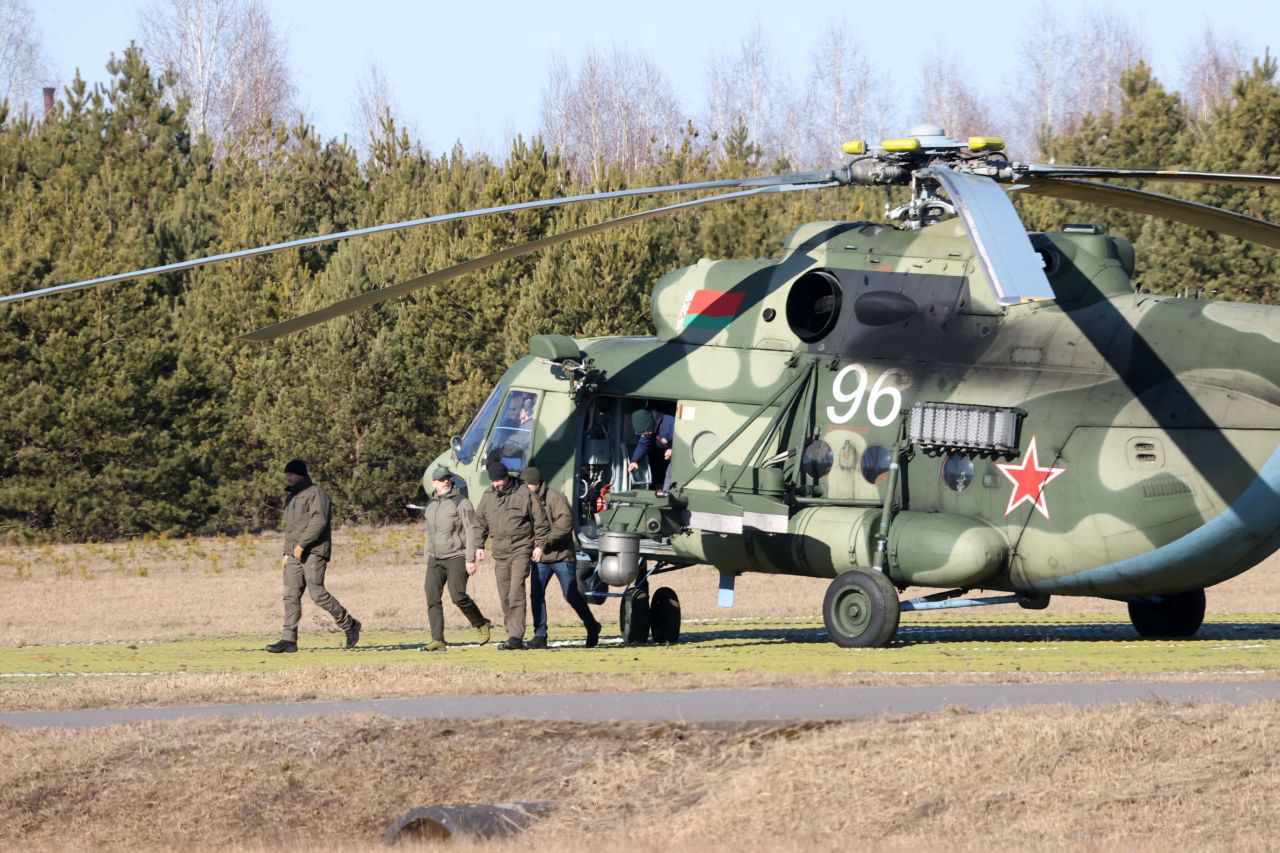 Ukrainian Defence Minister Oleksii Reznikov (second left) arrives to attend the talks between delegations from Ukraine and Russia in Belarus on February 28.