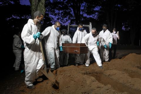 Employees of the Vila Formosa cemetery carry a coffin to bury a person who died of Covid-19 in São Paulo, Brazil, on April 2.