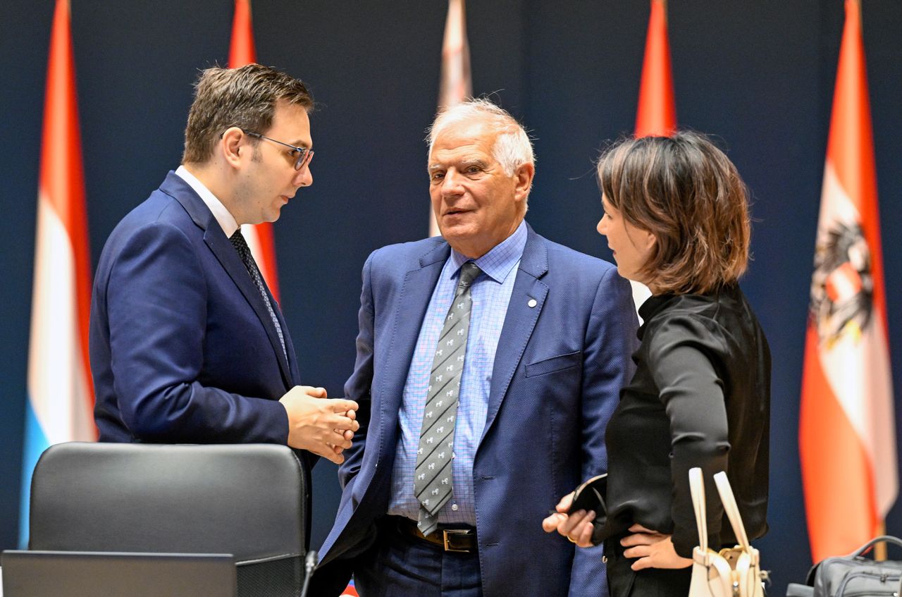 European Union foreign policy chief Josep Borrell, center, speaks with Czech Foreign Minister Jan Lipavsky and German Federal Minister for Foreign Affairs Annalena Baerbock during a meeting in Prague, Czech Republic on August 31.