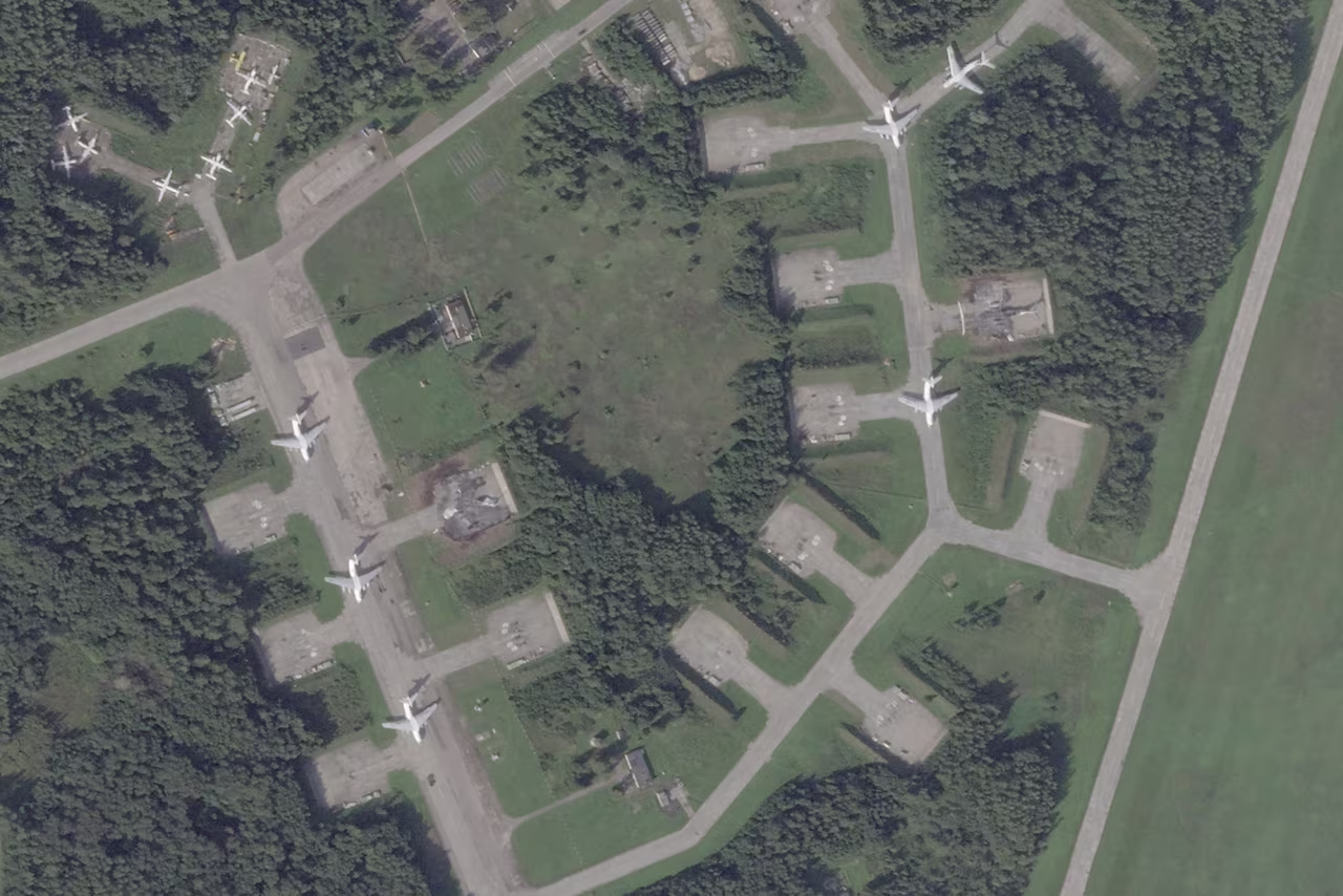 This satellite photo from Planet Labs PBC shows the dual military-civilian use Princess Olga Pskov International Airport in Pskov, Russia, on August 31.