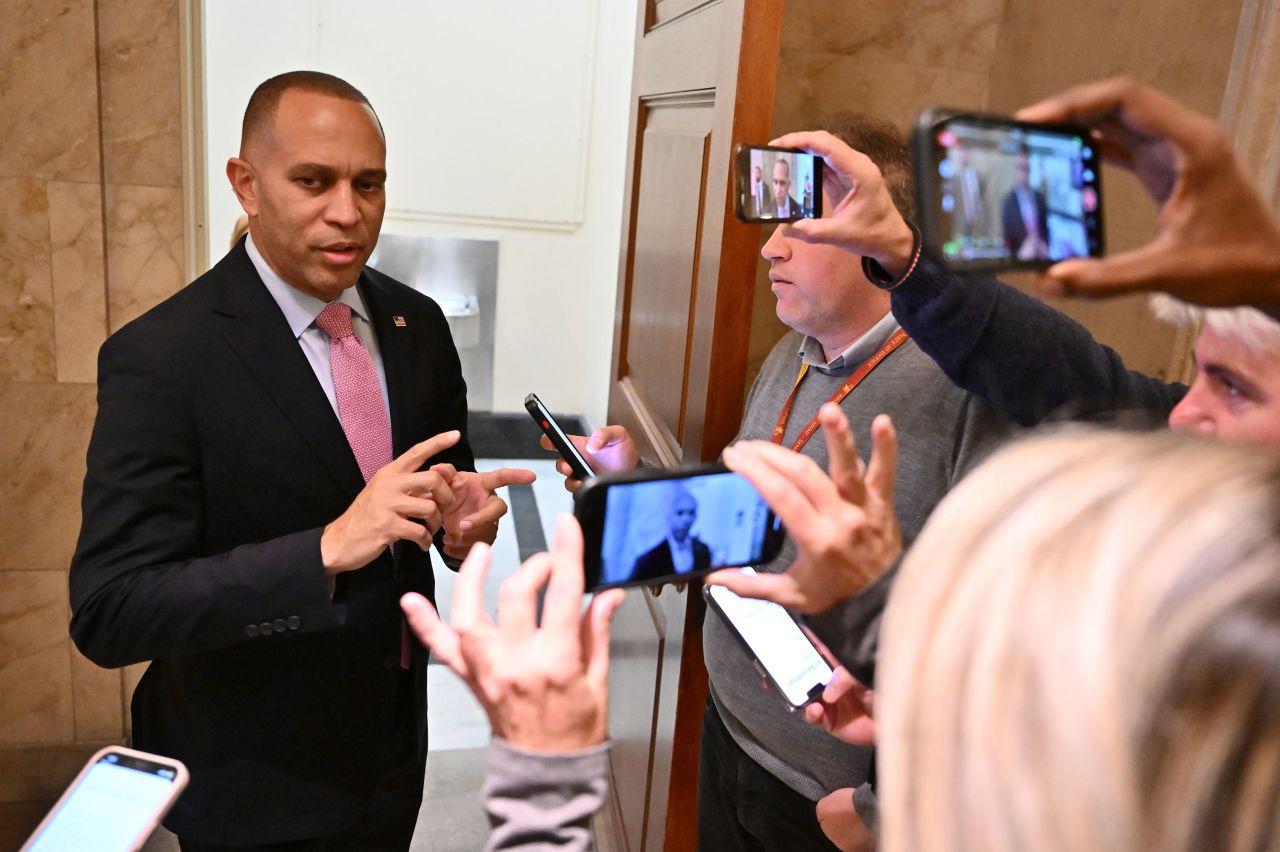 House Minority Leader Hakeem Jeffries speaks to reporters as he makes his way back into the Capitol on October 17.