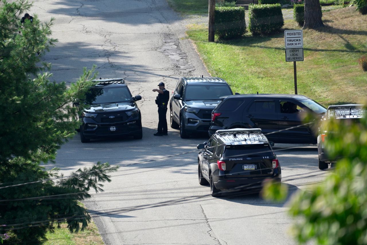 Law enforcement block a street near the residence of Thomas Matthew Crooks in Bethel Park, Pennsylvania, on Sunday. 