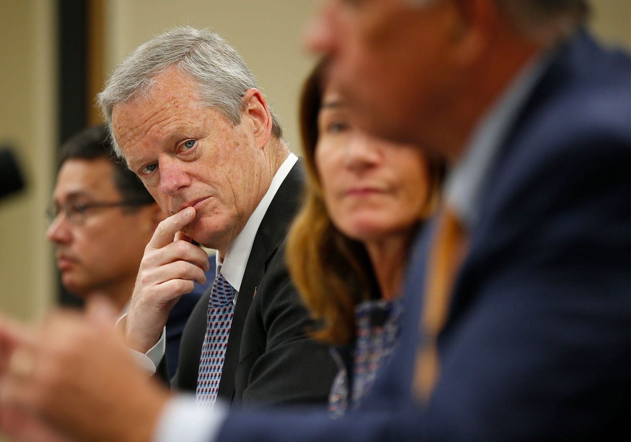 Massachusetts Gov. Charlie Baker listens during a roundtable discussion held at UMass Law in Dartmouth, Massachusetts, on June 7.