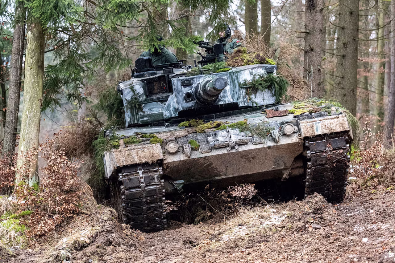 A Polish Leopard 2 pictured during an international military exercise in Germany in 2022.