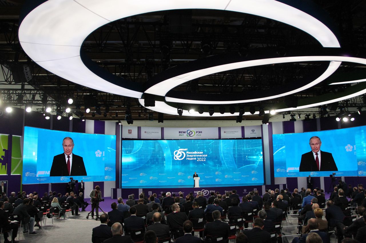 Russian President Vladimir Putin delivers key speech during Russian Energy Week 2022 on October 12, in Moscow, Russia. 