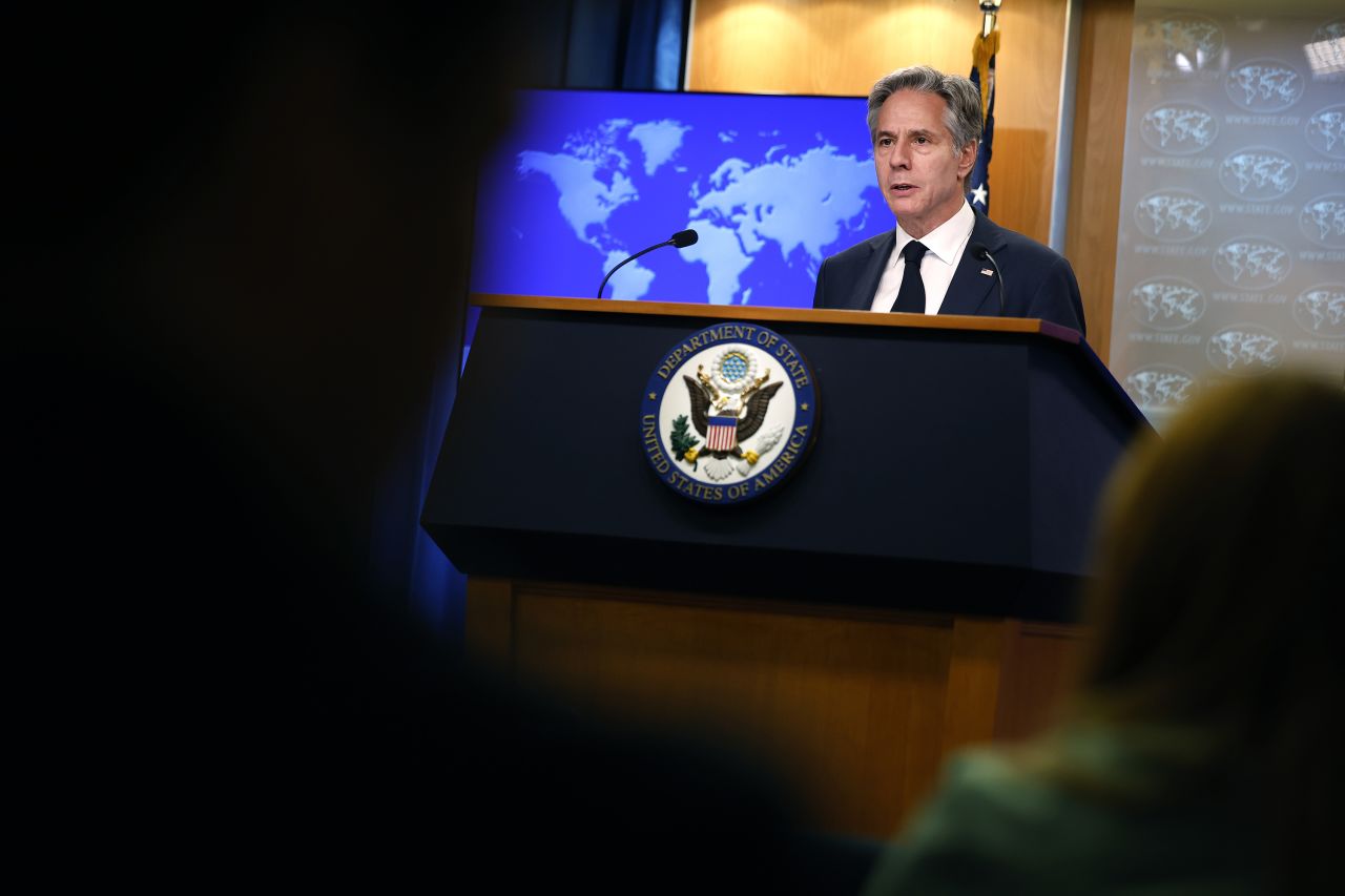 US Secretary of State Antony Blinken talks to reporters in the press briefing room at the State Department Harry S. Truman headquarters building on July 17, in Washington, DC.?