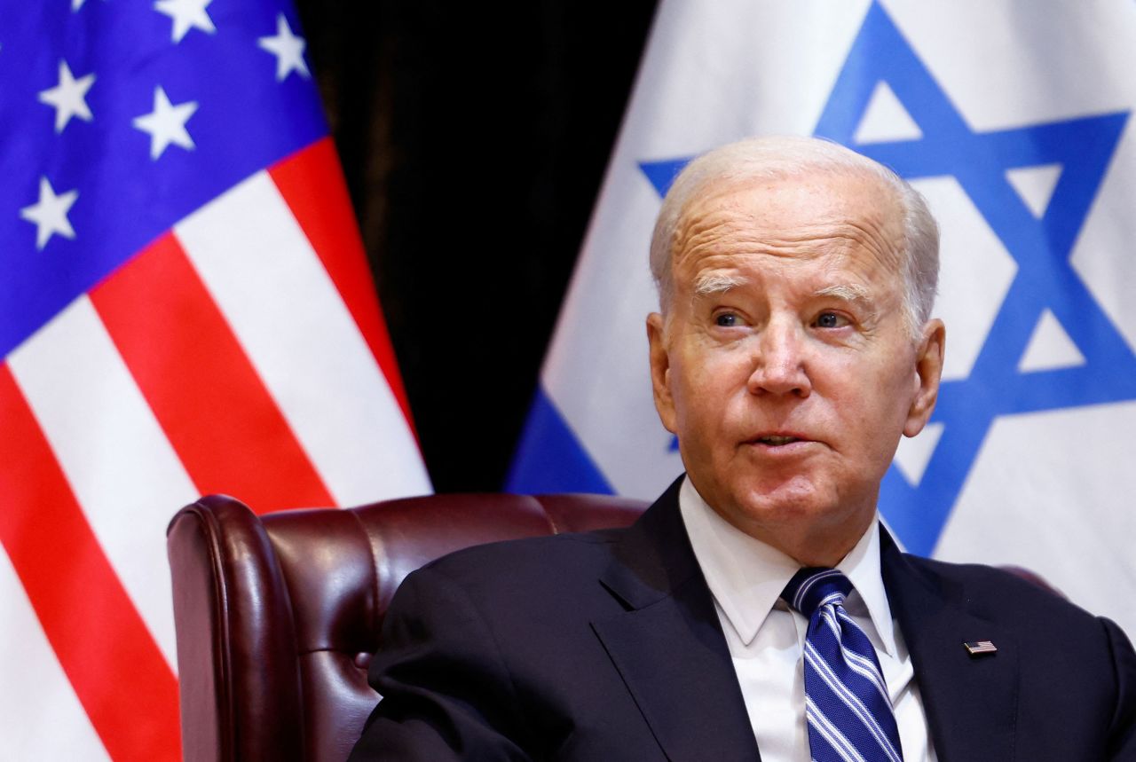 President Joe Biden speaks during a meeting with Israeli Prime Minister Benjamin Netanyahu and the Israeli war cabinet in Tel Aviv, Israel, on Wednesday.