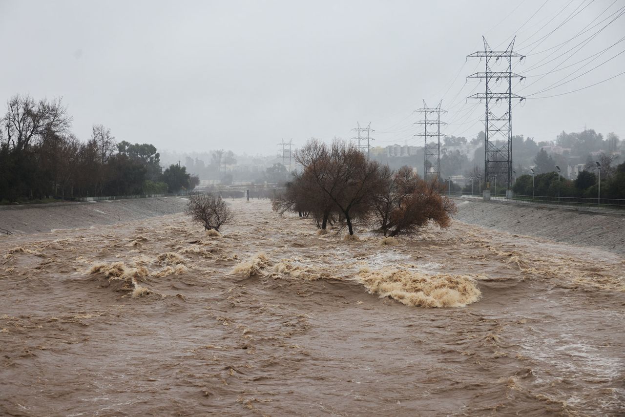 The Los Angeles river is seen during heavy rains in Los Angeles on Monday.