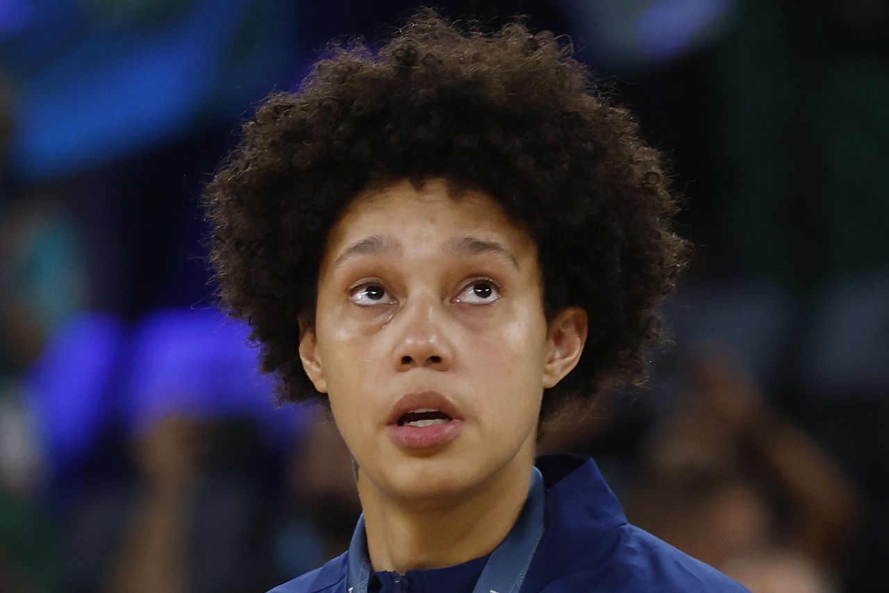 US basketball player Brittney Griner reacts on the podium on August 11.