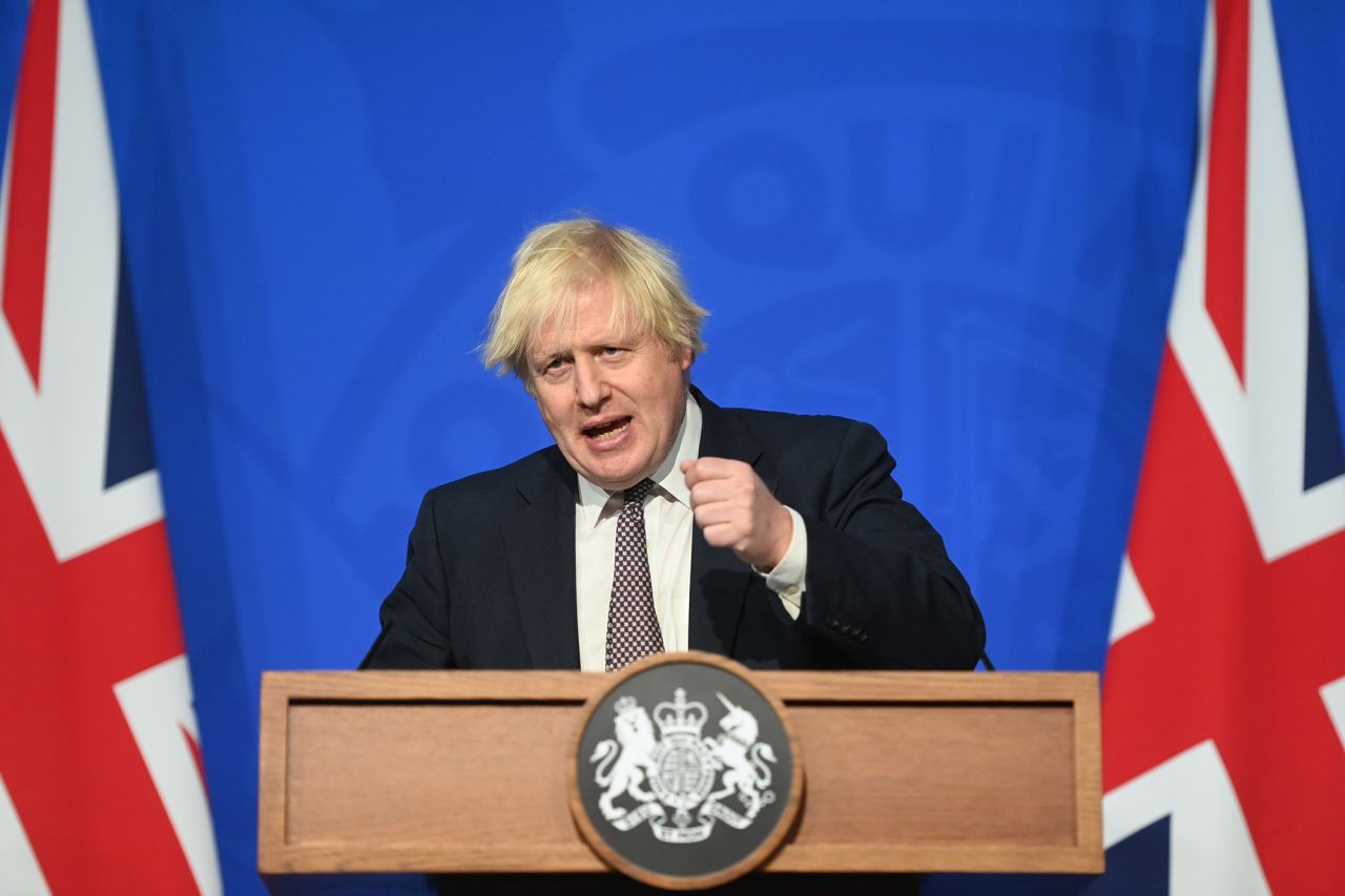 British Prime Minister Boris Johnson attends a news conference at the Downing Street Briefing Room on November 30, 2021 in London, England.?