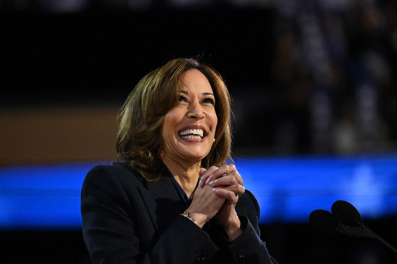 Vice President Kamala Harris speaks during the Democratic National Convention in Chicago, on August 22.