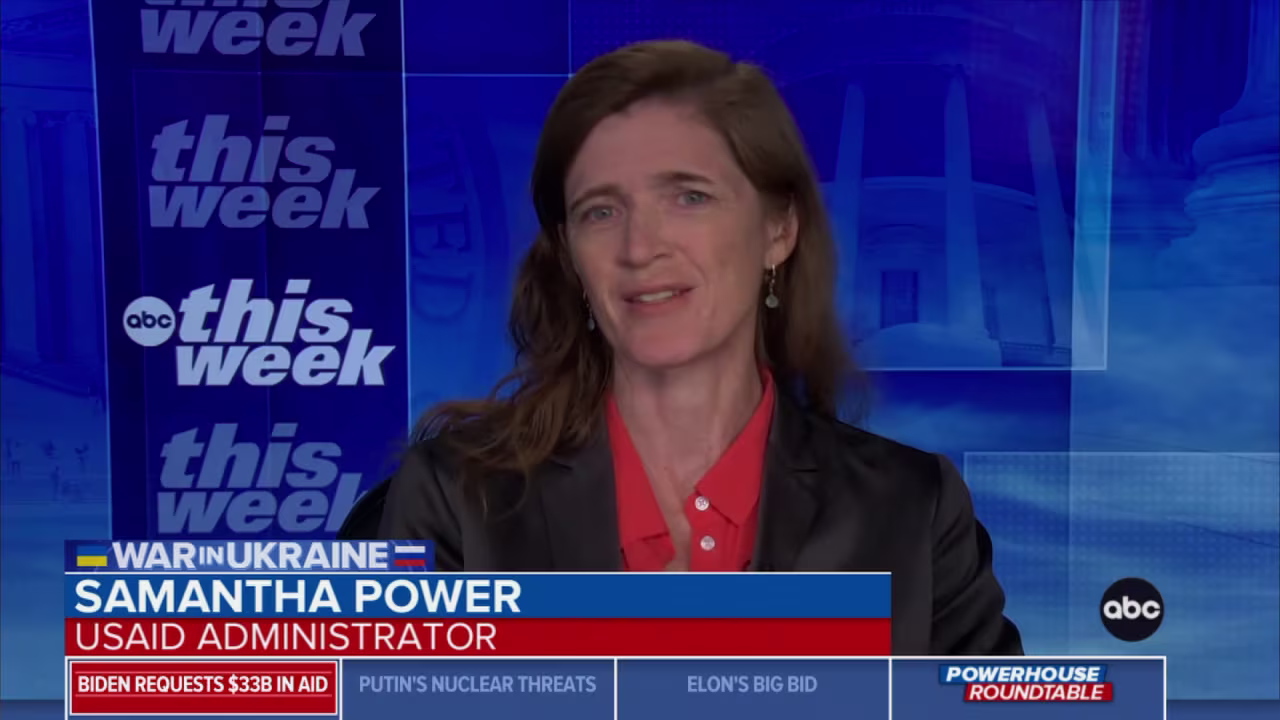 Samantha Power, the administrator of the US Agency for International Development speaks with ABC's "This Week," on Sunday May 1.