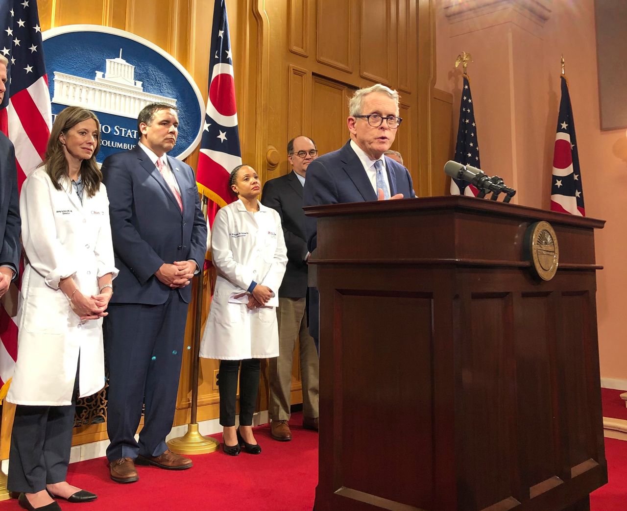 Ohio Gov. Mike DeWine speaks at a news conference at the statehouse in Columbus, Ohio, Tuesday, March 3, to announce impacts on the Arnold Sports Festival of the coronavirus. 
