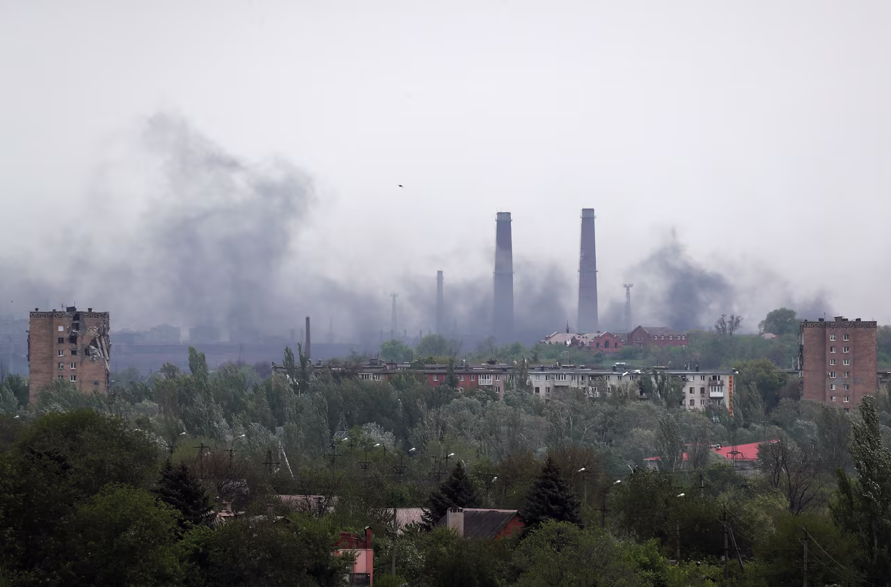 Smoke rises above the Azovstal steel plant in Mariupol, Ukraine, on May 13.