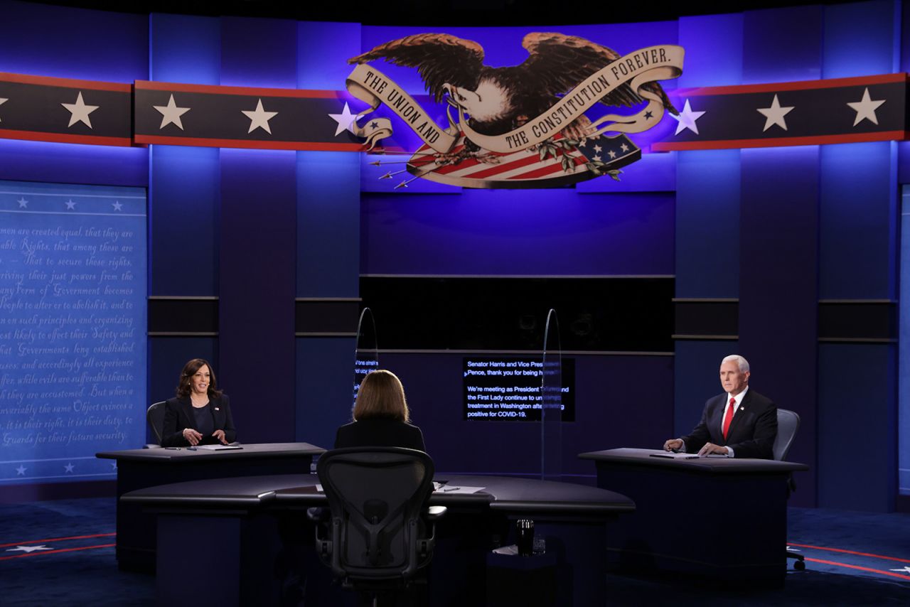 Democratic vice presidential nominee Sen. Kamala Harris and U.S. Vice President Mike Pence participate in the vice presidential debate at the University of Utah on October 7, in Salt Lake City, Utah. 