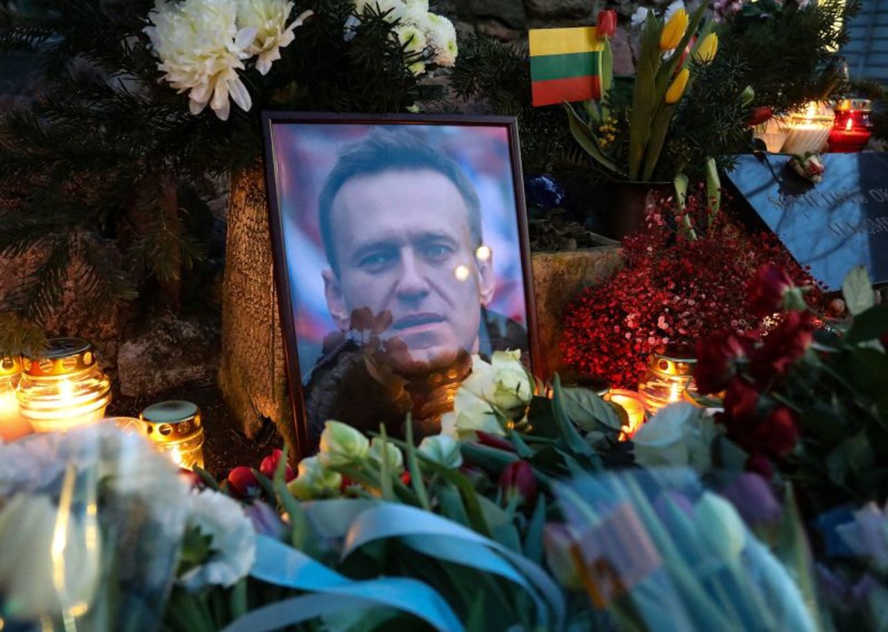 Flowers lie at a makeshift memorial for Alexey?Navalny in Vilnius, Lithuania, on February 16. 