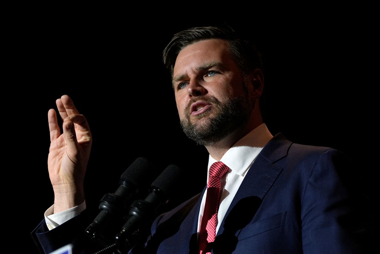 Republican vice presidential candidate Sen. JD Vance speaks at a campaign rally at Middletown High School on Monday, July 22, in Middletown, Ohio.