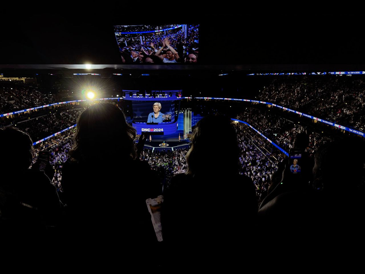 A packed hall looks on as Sen. Elizabeth Warren speaks on Thursday, August 22, during the DNC in Chicago.