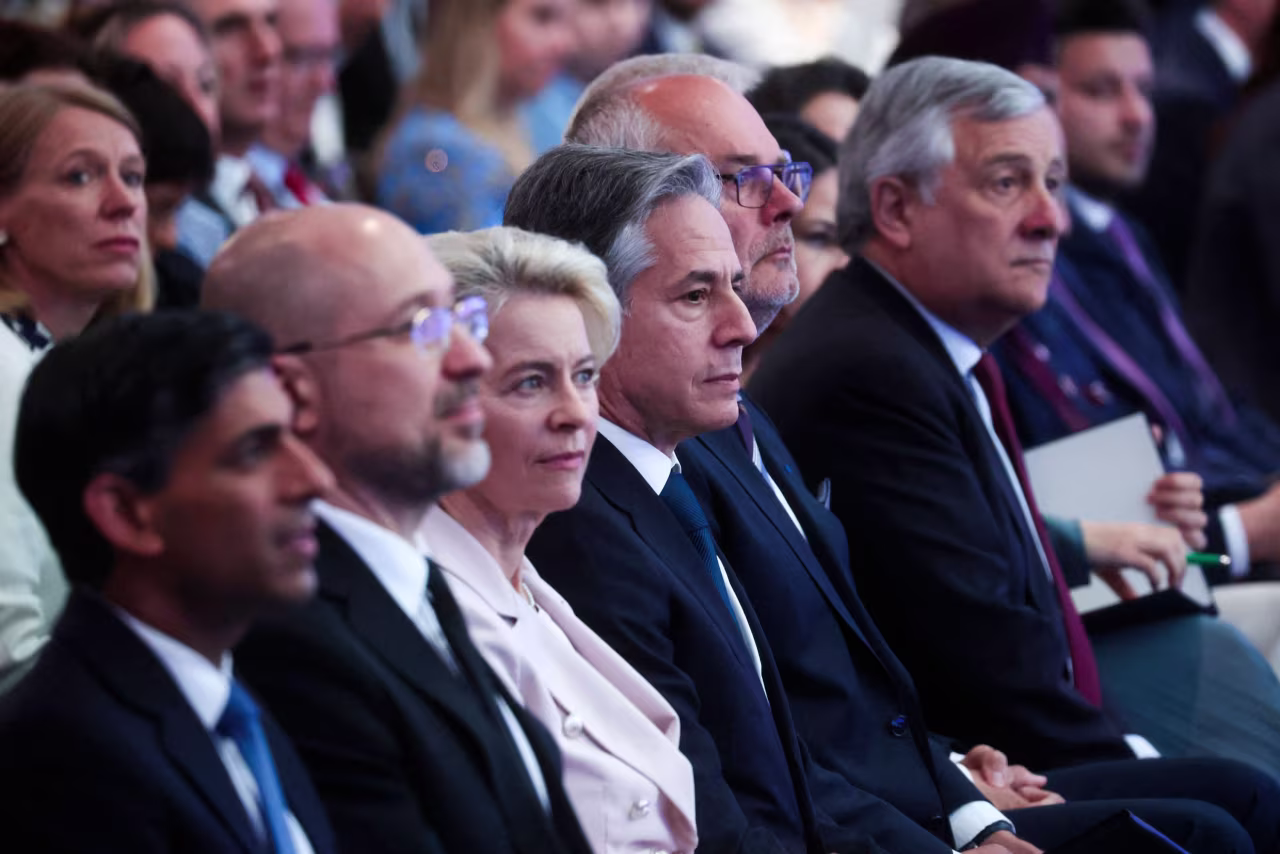 From left: Britain's Prime Minister Rishi Sunak sits alongside Ukraine's Prime Minister Denys Shmyhal, European Commission President Ursula von der Leyen, and US Secretary of State Antony Blinken during the Ukraine Recovery Conference in London, on June 21.
