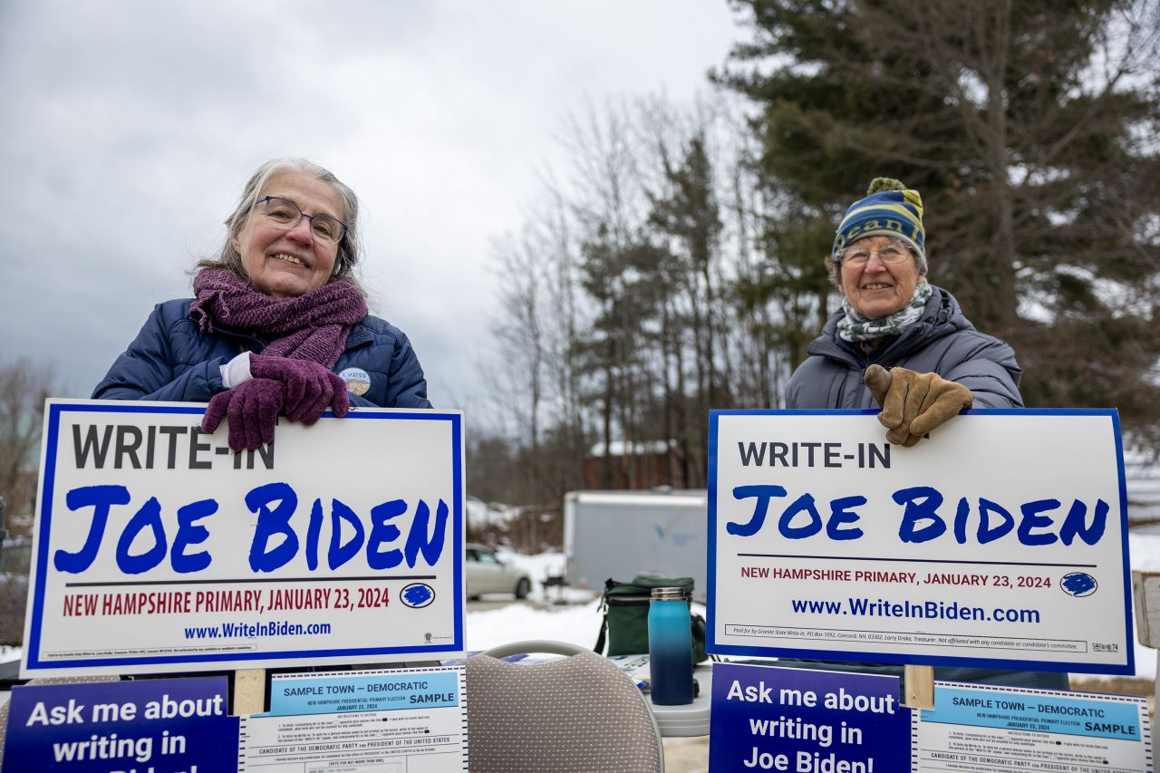 Supporters of President Joe Biden greet voters on January 23, in Loudon, New Hampshire. 