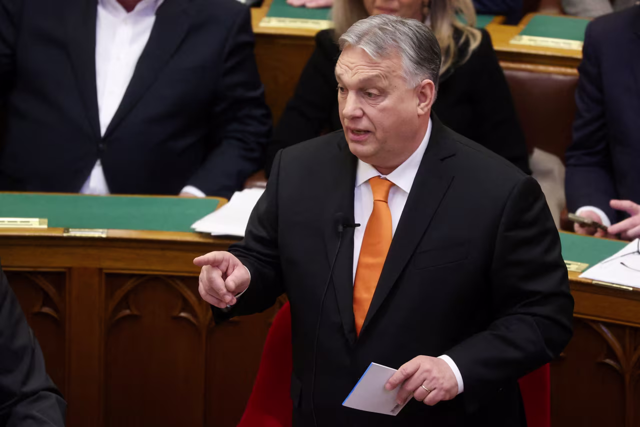 Hungarian Prime Minister Viktor Orban speaks during the spring session of parliament in Budapest, Hungary, February 26, 2024. 