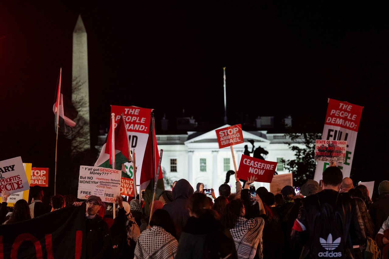 Protesters rally near the White House demanding a permanent ceasefire and end to US funding to Israel on Wednesday.