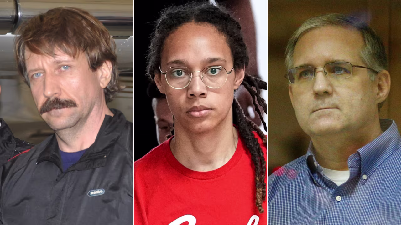 From left, Viktor Bout, Brittney Griner and Paul Whelan. 