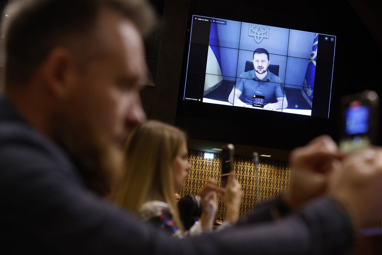 Ukrainian President Volodymyr Zelensky speaks during a video address to the European Council, on October 13, in Strasbourg, France. 