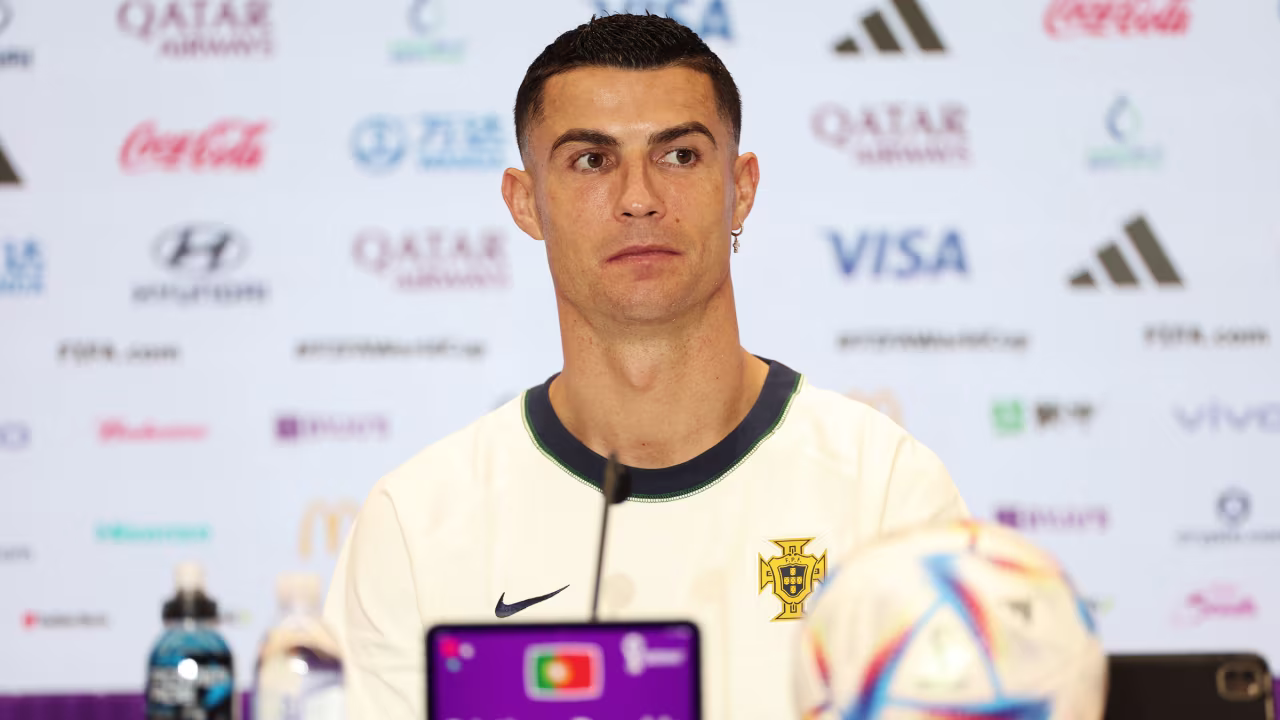 Cristiano Ronaldo attends the post-match news conference on Thursday.