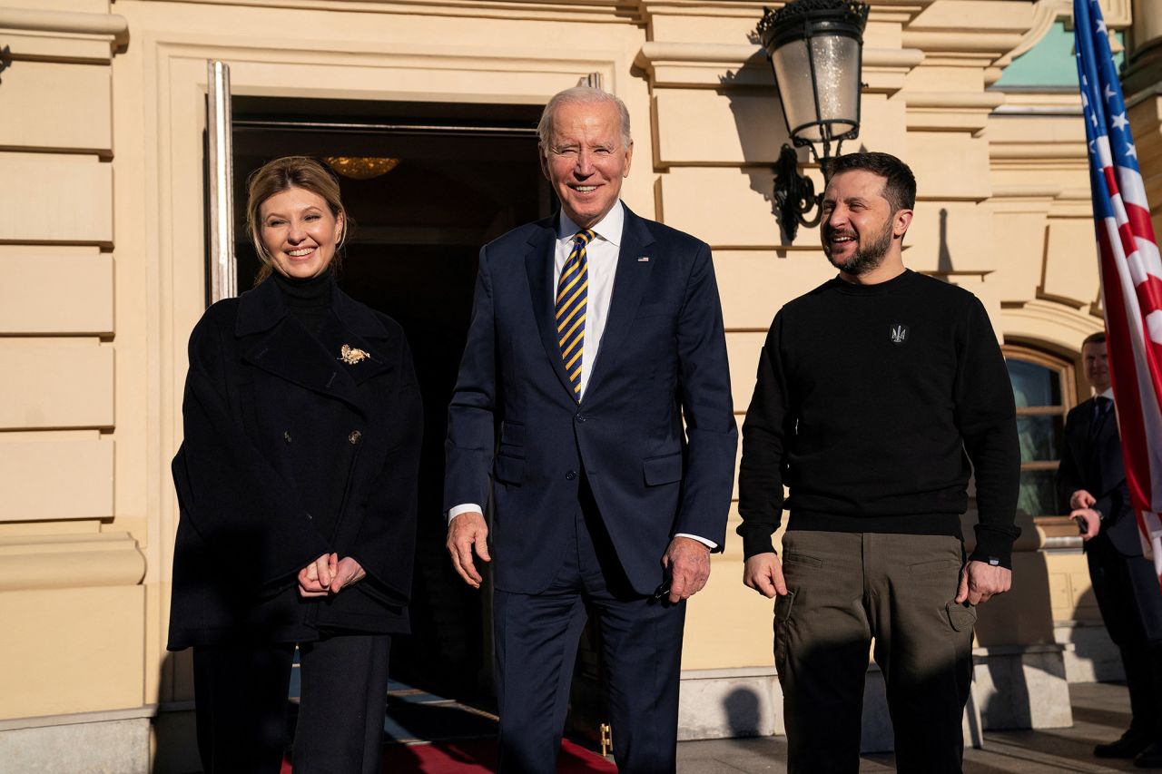 US President Joe?Biden?meets with Ukrainian President Volodymyr Zelensky and Olena Zelenska at Mariinsky Palace during an unannounced visit in Kyiv, Ukraine, on February 20.