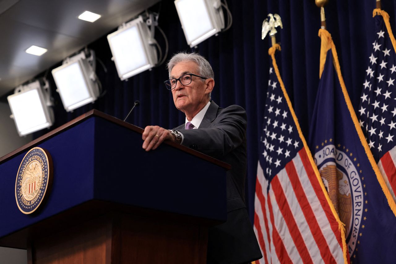 U.S. Federal Reserve Chair Jerome Powell speaks during a press conference following a two-day meeting of the Federal Open Market Committee on interest rate policy in Washington on July 31.