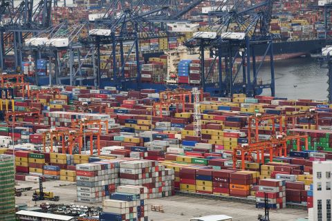 This aerial photo taken on June 22, 2021 shows cargo containers stacked at Yantian port in Shenzhen in China's southern Guangdong province.