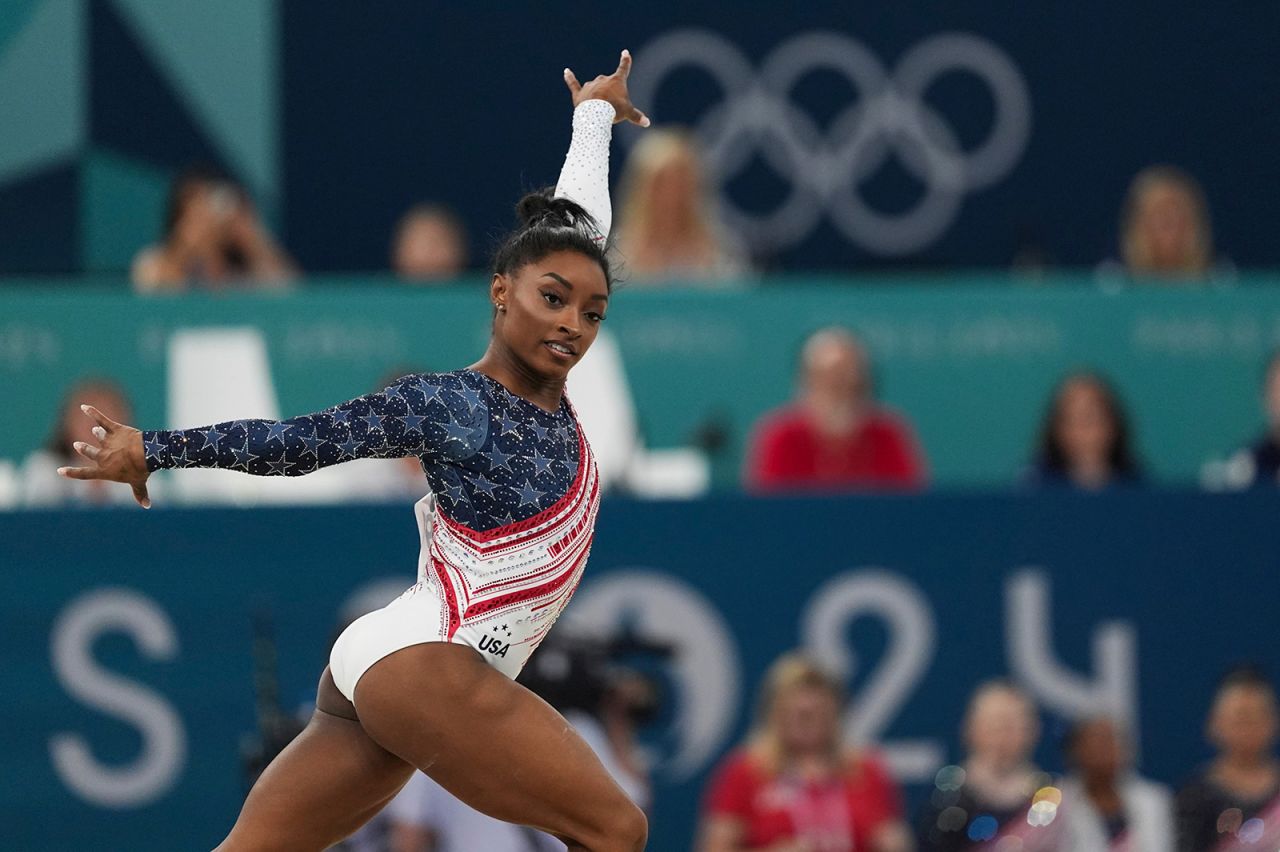 Simone Biles of Team USA competes in the Artistic Gymnastics during the Women's Team Final on day 4 of the Paris 2024 Olympic Games at Bercy Arena on July 30, in Paris, France. 